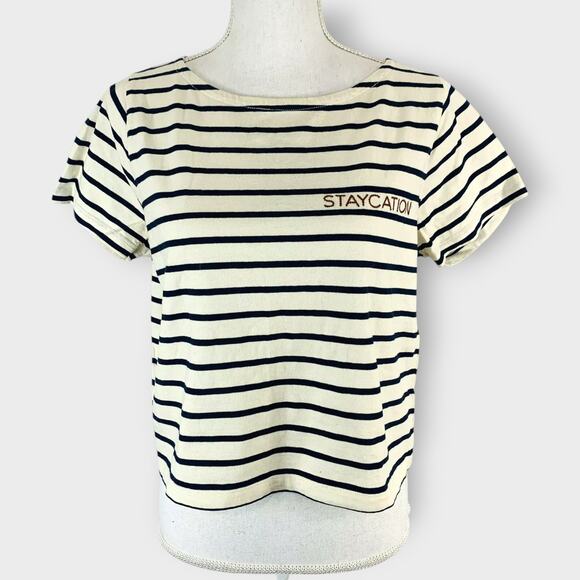 Madewell Embroidered Setlist Staycation Boxy Tee Striped Cropped Size Small - Picture 1 of 8